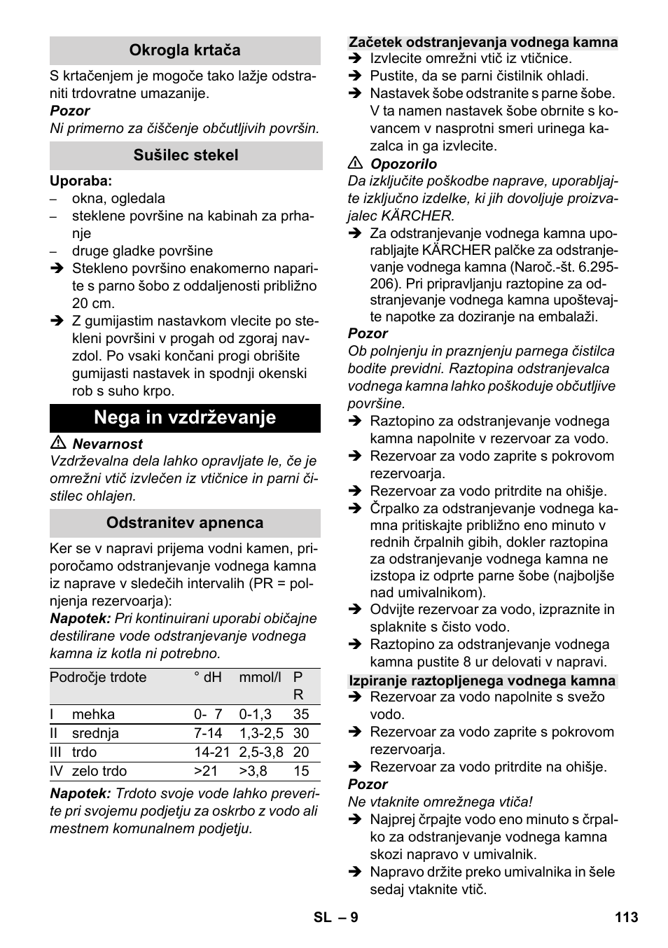 Nega in vzdrževanje | Karcher SC 952 User Manual | Page 113 / 198