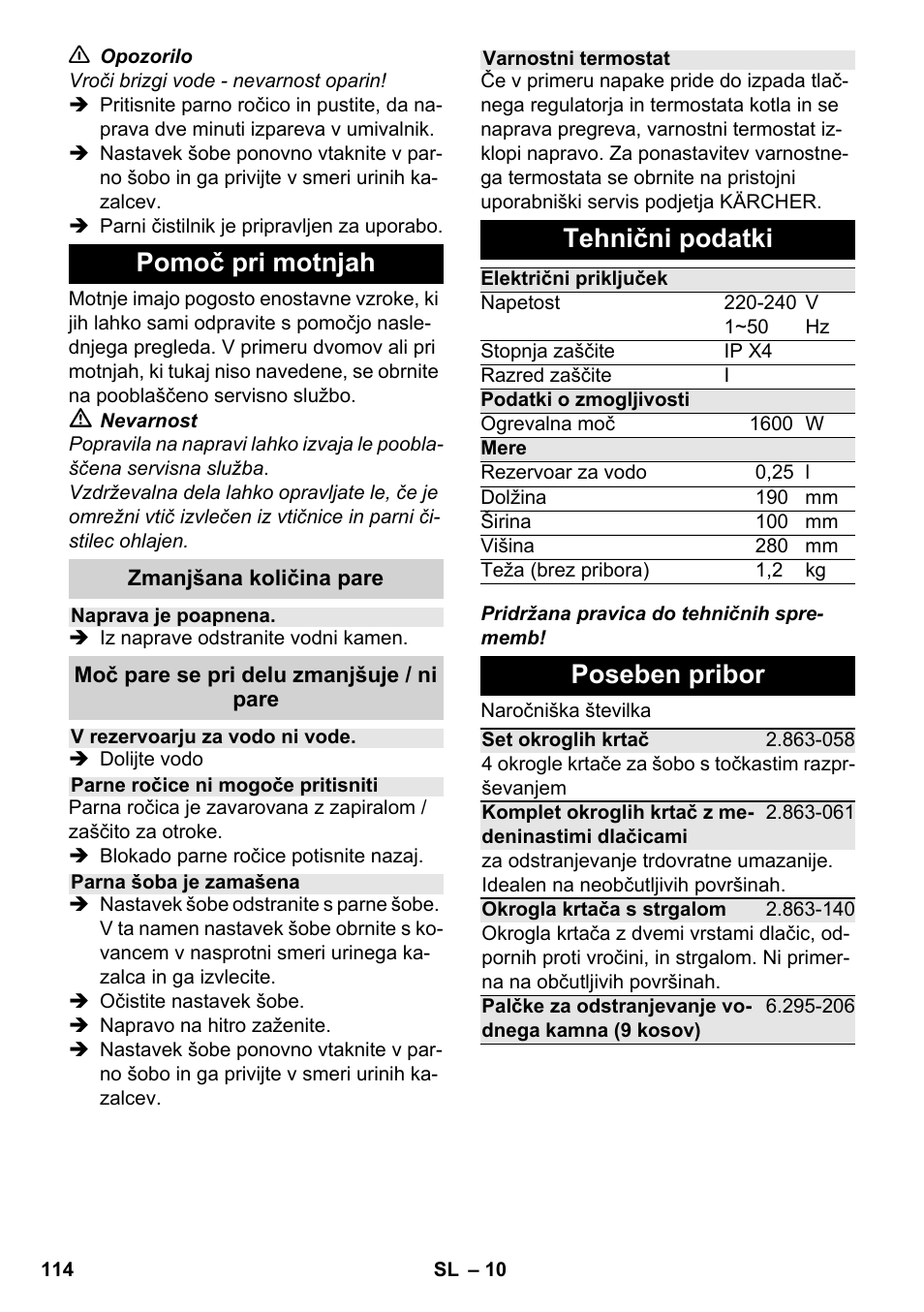 Pomoč pri motnjah, Tehnični podatki, Poseben pribor | Karcher SC 952 User Manual | Page 114 / 198