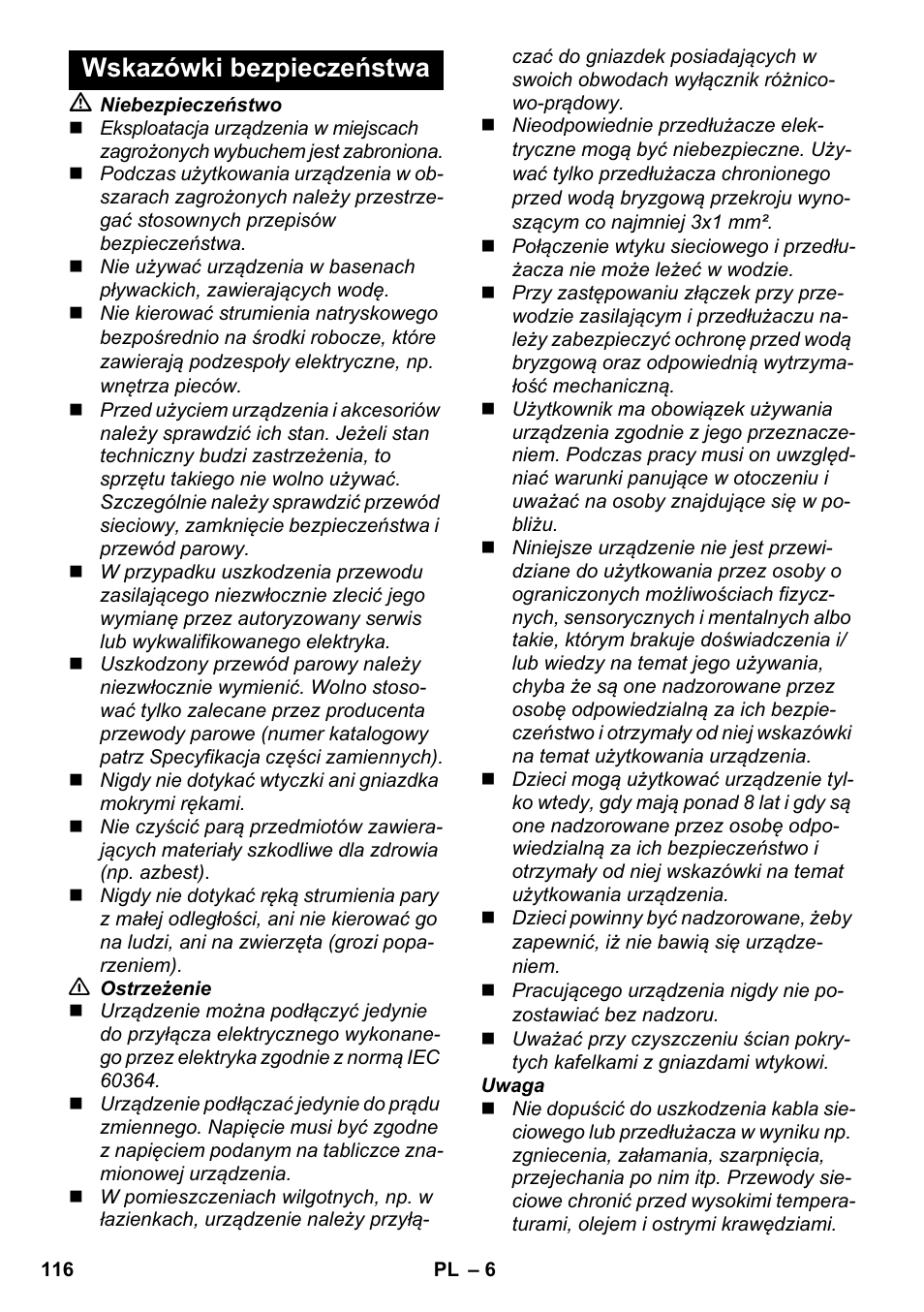 Wskazówki bezpieczeństwa | Karcher SC 952 User Manual | Page 116 / 198