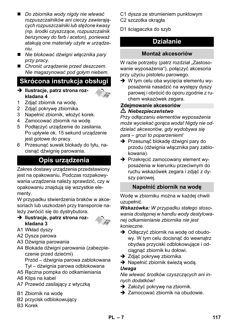 Skrócona instrukcja obsługi opis urządzenia, Działanie | Karcher SC 952 User Manual | Page 117 / 198