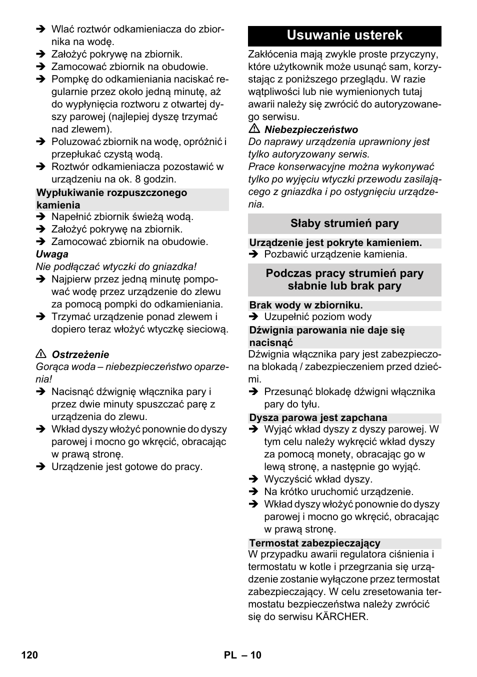 Usuwanie usterek | Karcher SC 952 User Manual | Page 120 / 198