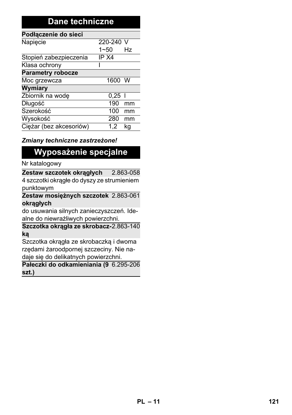 Dane techniczne, Wyposażenie specjalne | Karcher SC 952 User Manual | Page 121 / 198