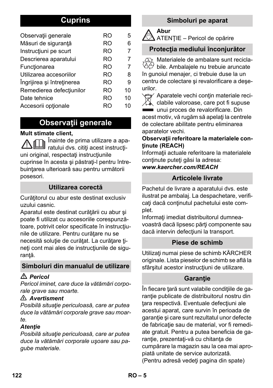 Româneşte, Cuprins, Observaţii generale | Karcher SC 952 User Manual | Page 122 / 198