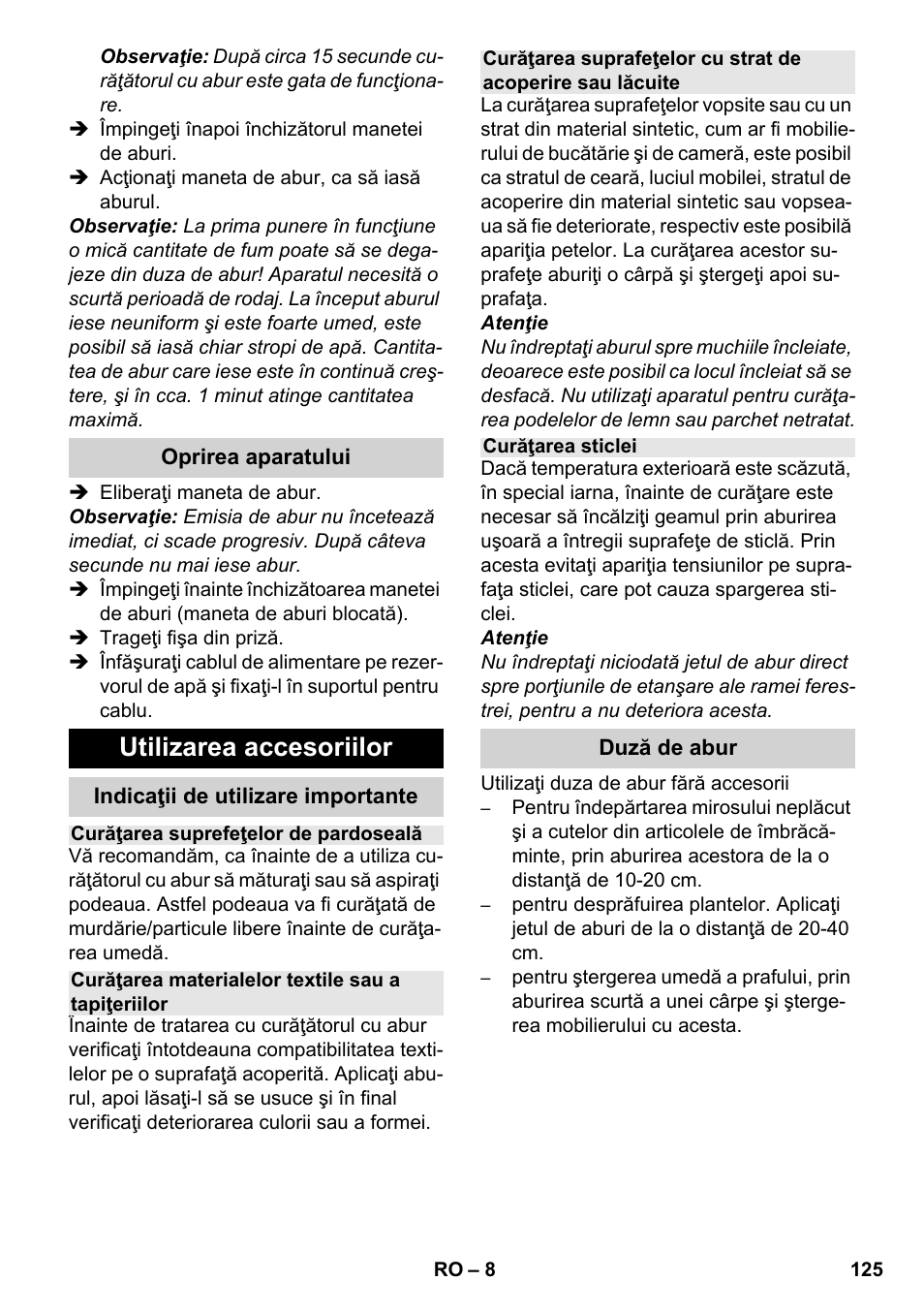 Utilizarea accesoriilor | Karcher SC 952 User Manual | Page 125 / 198