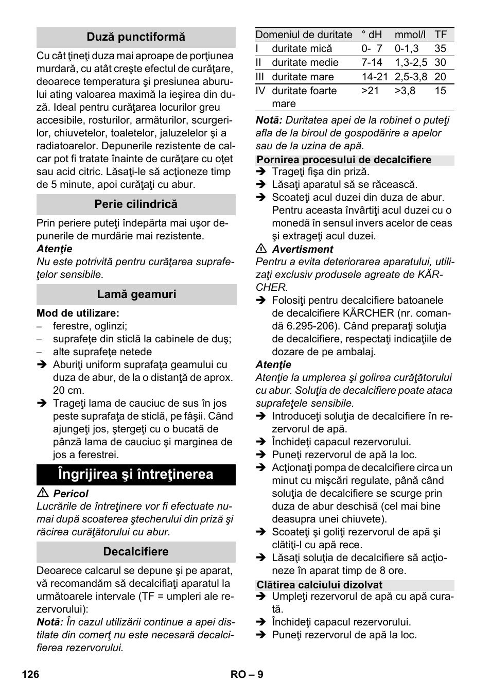 Îngrijirea şi întreţinerea | Karcher SC 952 User Manual | Page 126 / 198