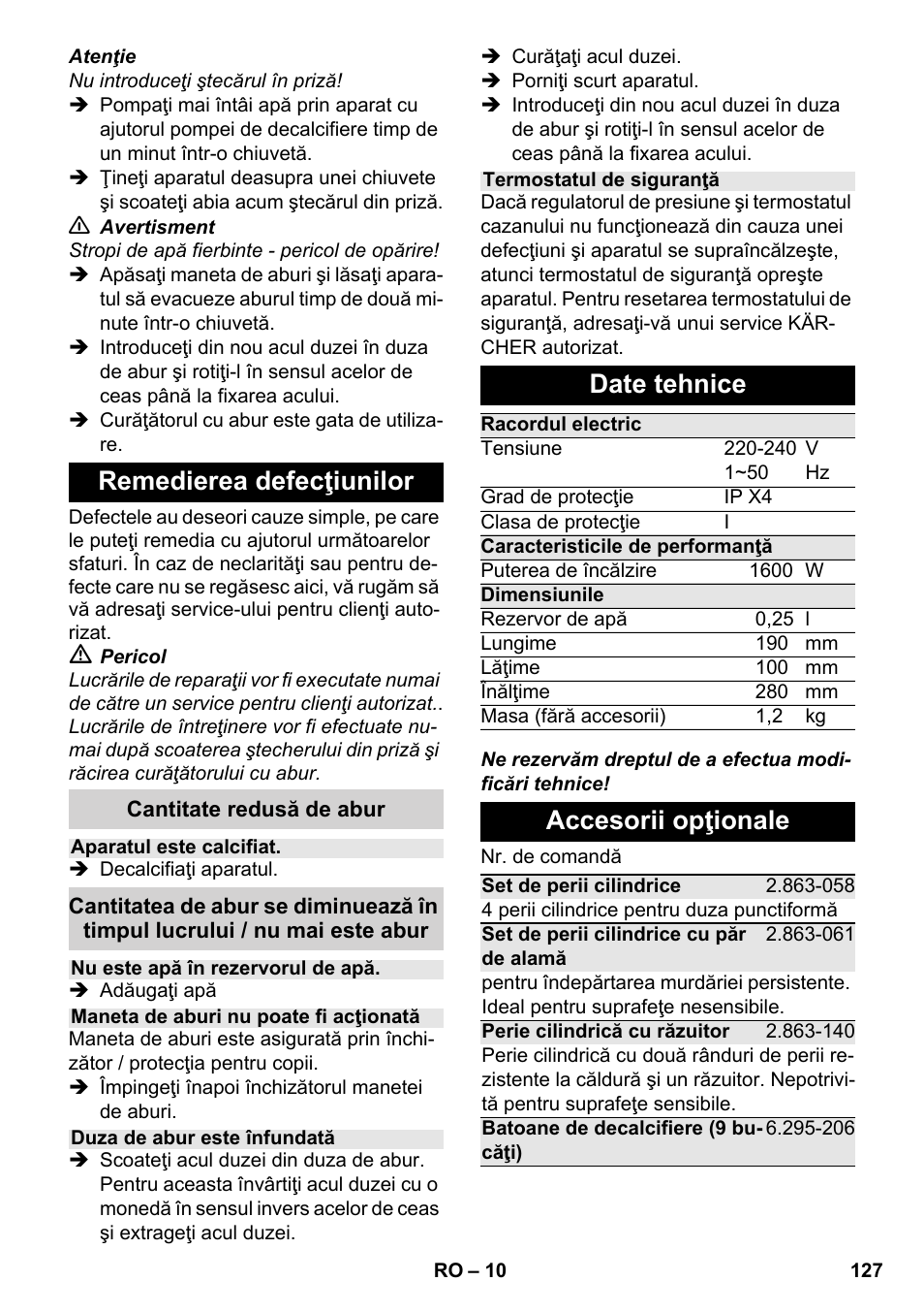 Remedierea defecţiunilor, Date tehnice, Accesorii opţionale | Karcher SC 952 User Manual | Page 127 / 198