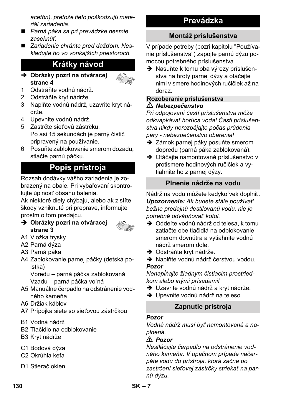 Krátky návod popis prístroja, Prevádzka | Karcher SC 952 User Manual | Page 130 / 198