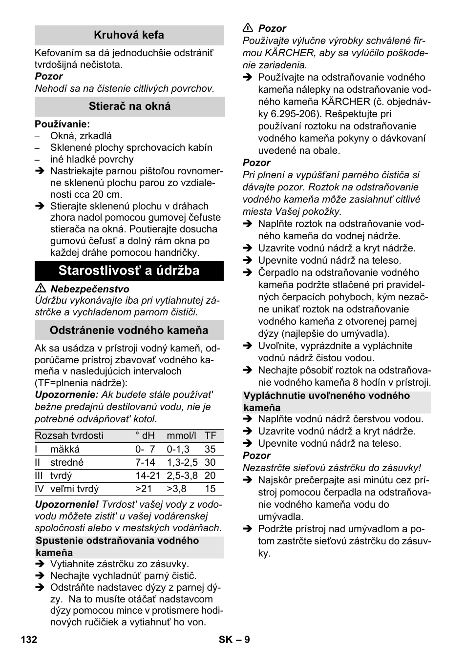 Starostlivosť a údržba | Karcher SC 952 User Manual | Page 132 / 198