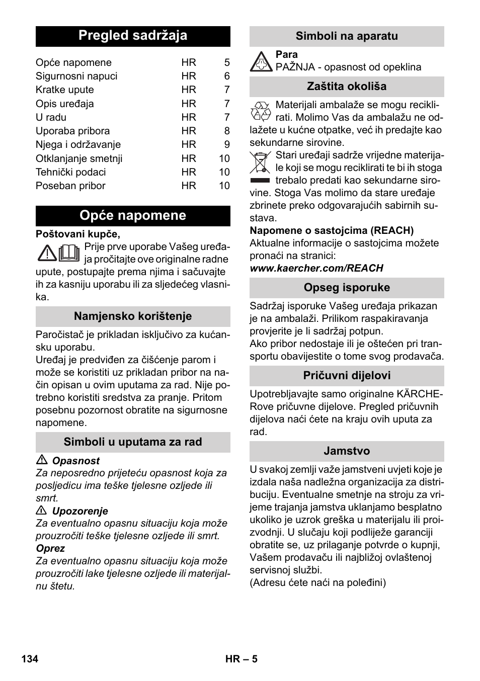 Hrvatski, Pregled sadržaja, Opće napomene | Karcher SC 952 User Manual | Page 134 / 198