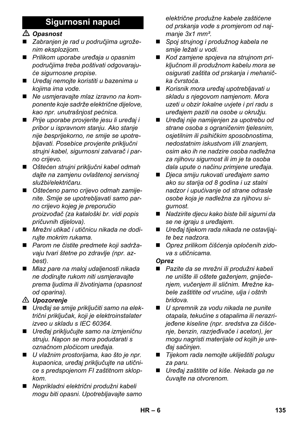 Sigurnosni napuci | Karcher SC 952 User Manual | Page 135 / 198