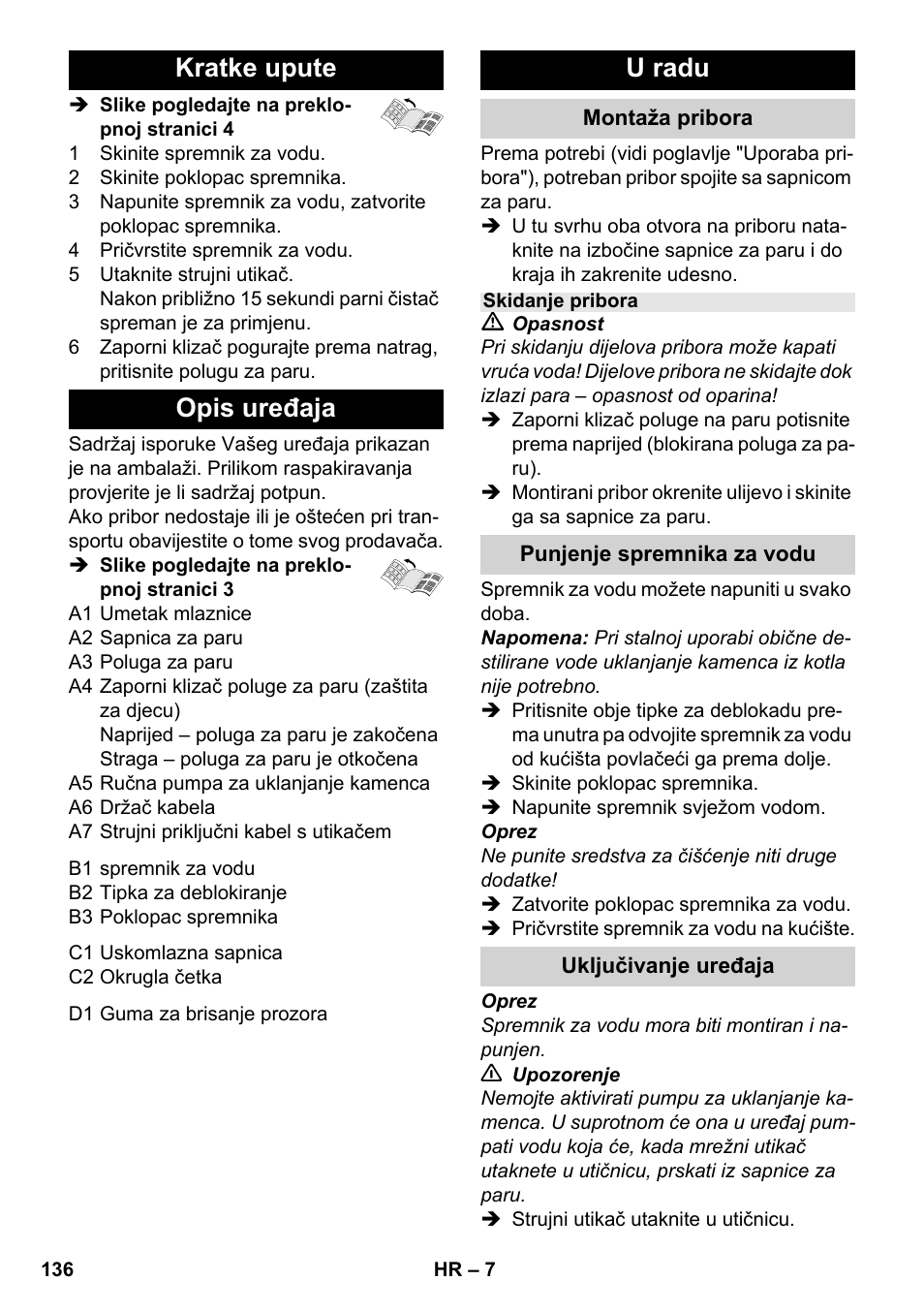 Kratke upute opis uređaja, U radu | Karcher SC 952 User Manual | Page 136 / 198