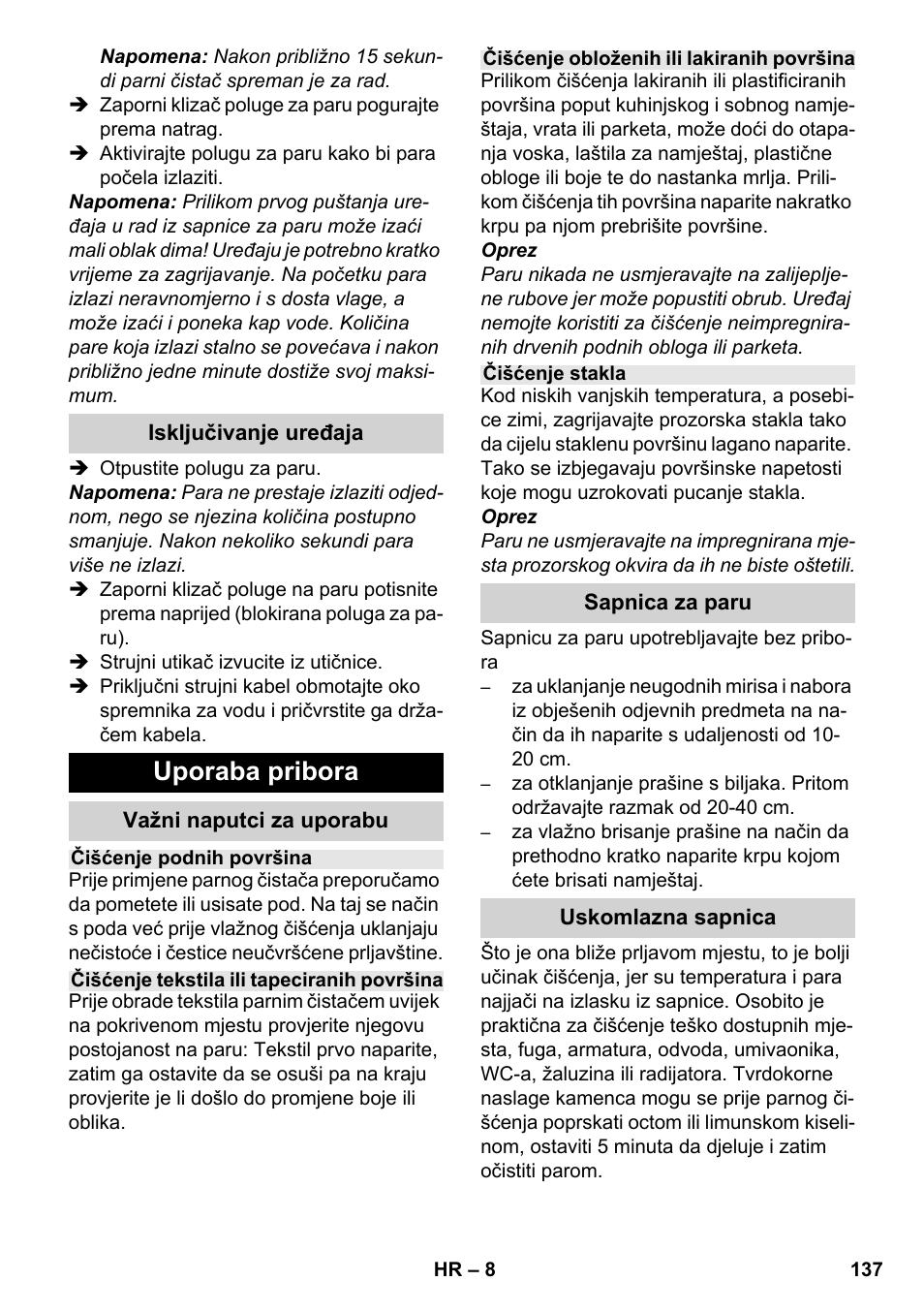 Uporaba pribora | Karcher SC 952 User Manual | Page 137 / 198