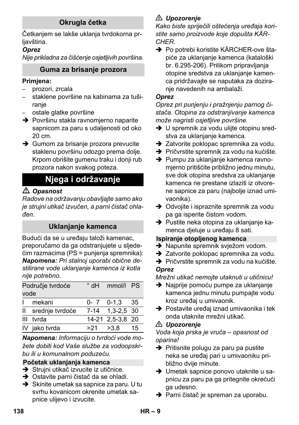 Njega i održavanje | Karcher SC 952 User Manual | Page 138 / 198