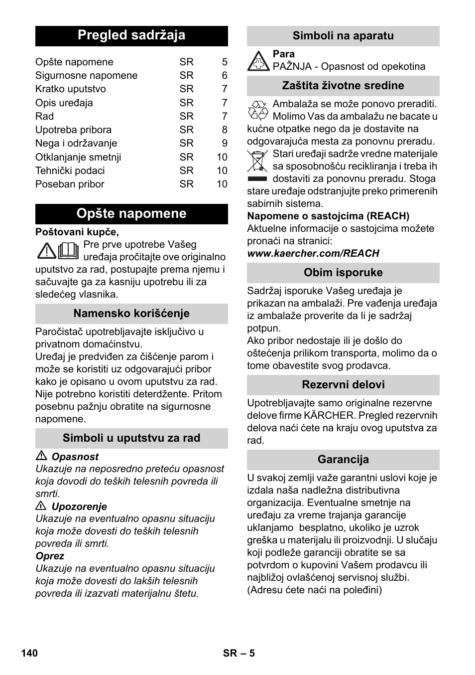 Srpski, Pregled sadržaja, Opšte napomene | Karcher SC 952 User Manual | Page 140 / 198