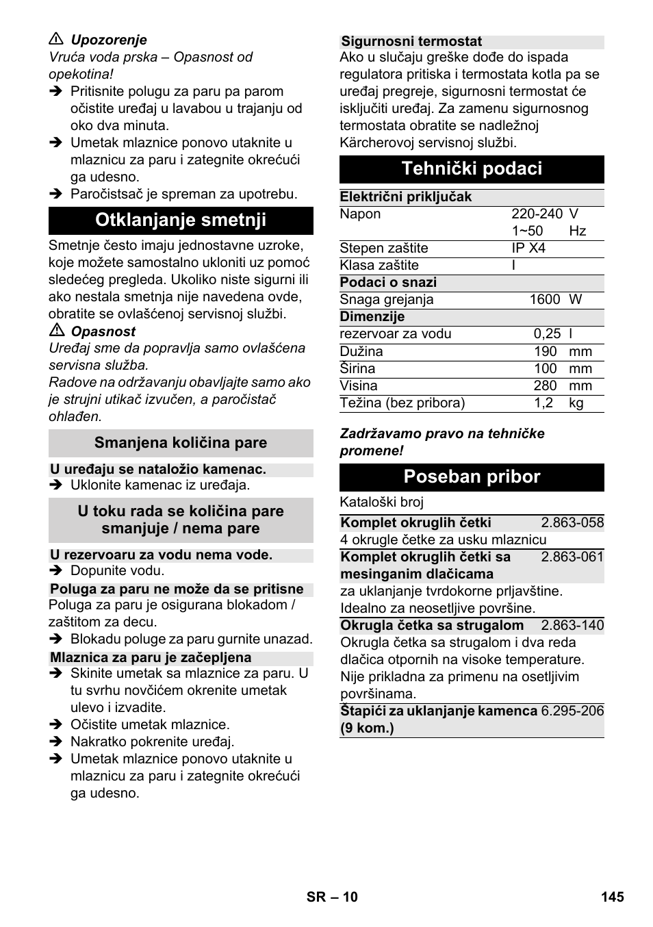 Otklanjanje smetnji, Tehnički podaci, Poseban pribor | Karcher SC 952 User Manual | Page 145 / 198