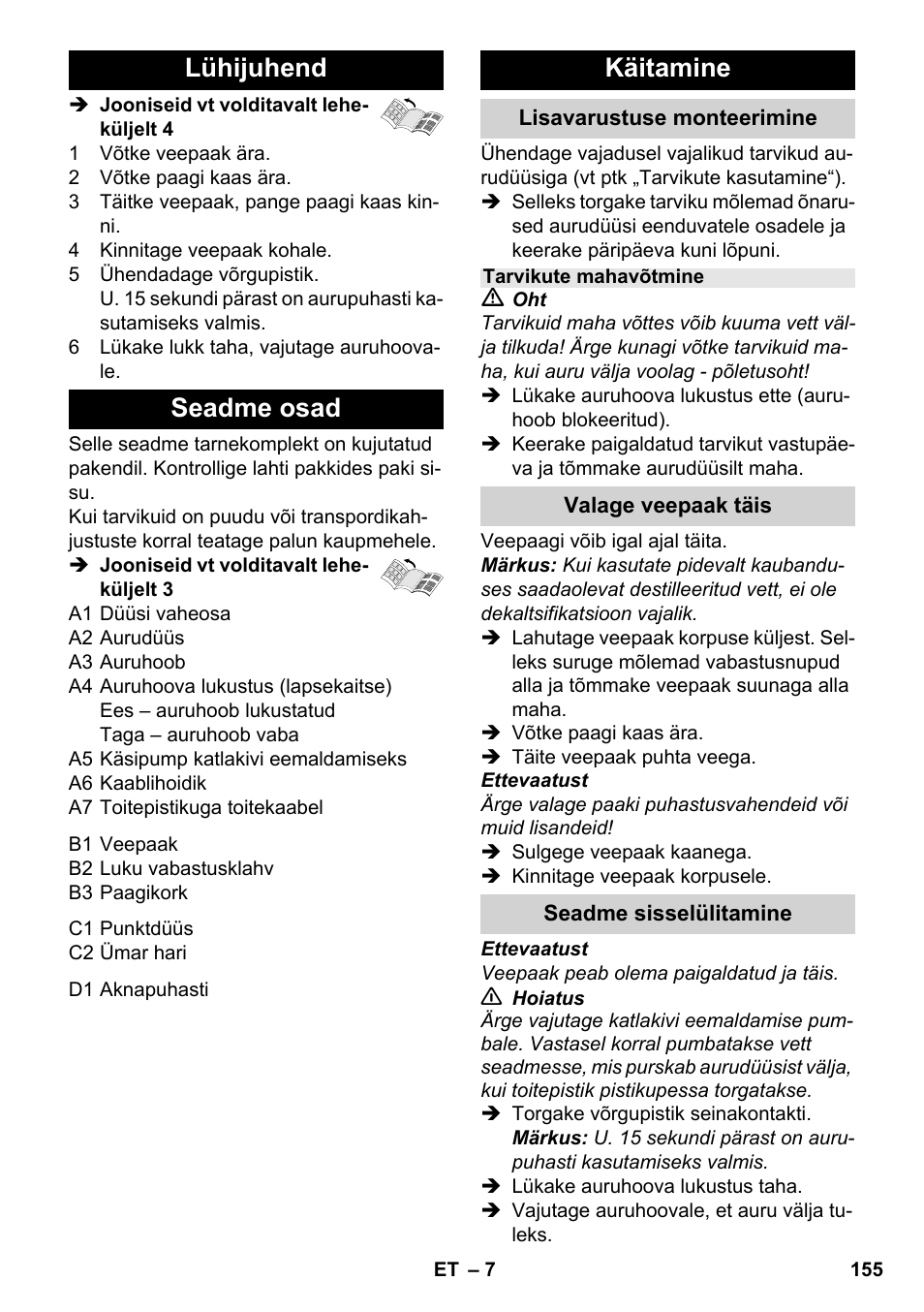 Lühijuhend seadme osad, Käitamine | Karcher SC 952 User Manual | Page 155 / 198