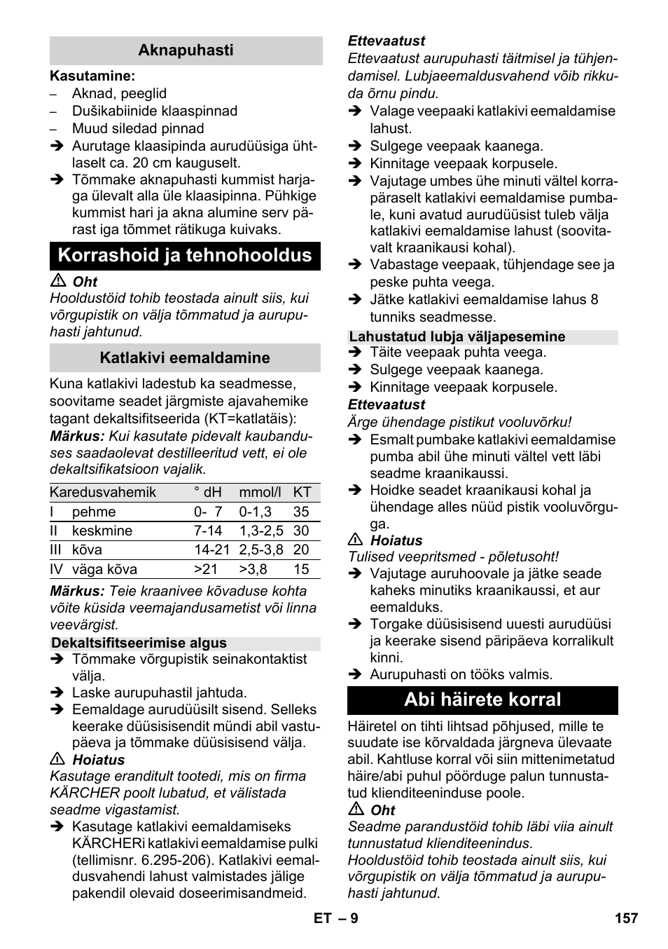 Korrashoid ja tehnohooldus, Abi häirete korral | Karcher SC 952 User Manual | Page 157 / 198