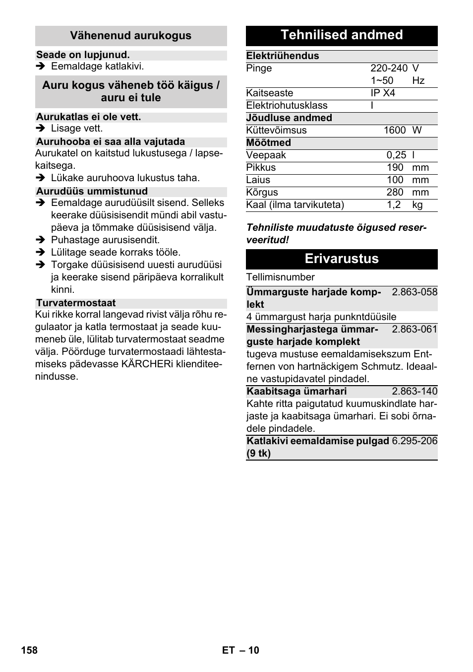 Tehnilised andmed, Erivarustus | Karcher SC 952 User Manual | Page 158 / 198