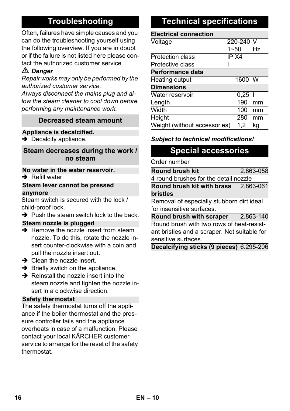 Troubleshooting, Technical specifications, Special accessories | Karcher SC 952 User Manual | Page 16 / 198