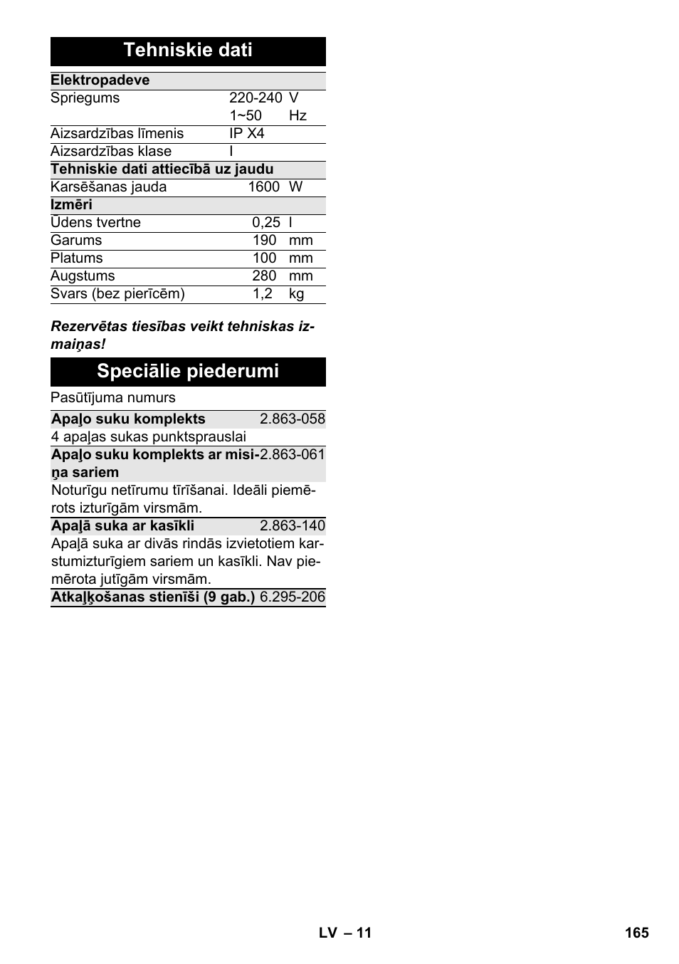 Tehniskie dati, Speciālie piederumi | Karcher SC 952 User Manual | Page 165 / 198