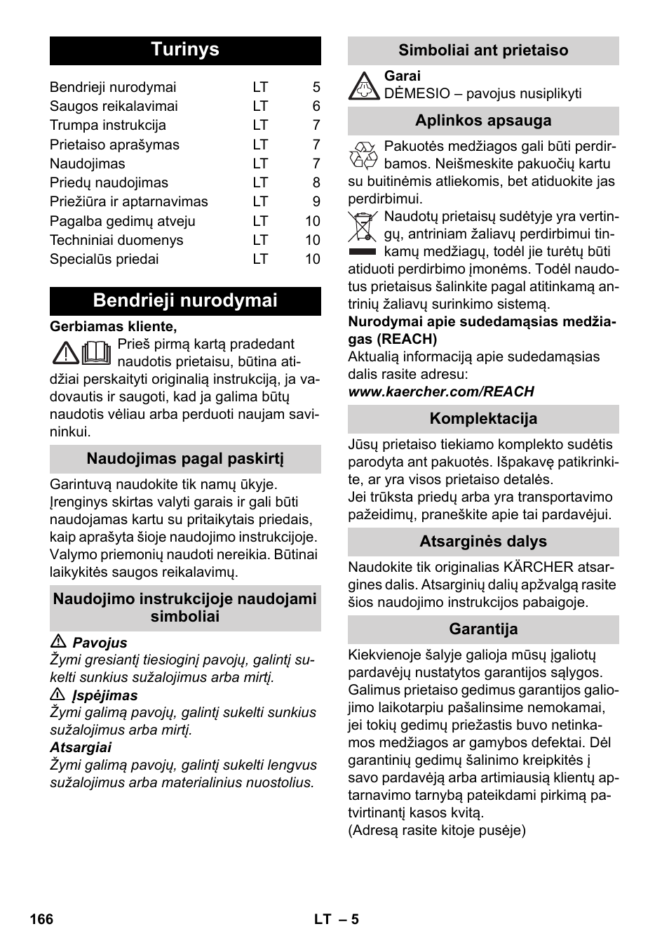 Lietuviškai, Turinys, Bendrieji nurodymai | Karcher SC 952 User Manual | Page 166 / 198