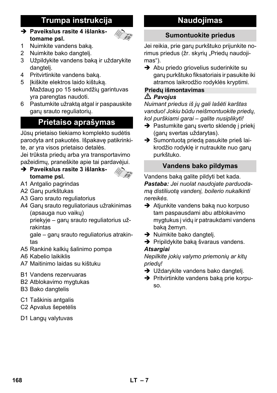 Trumpa instrukcija prietaiso aprašymas, Naudojimas | Karcher SC 952 User Manual | Page 168 / 198