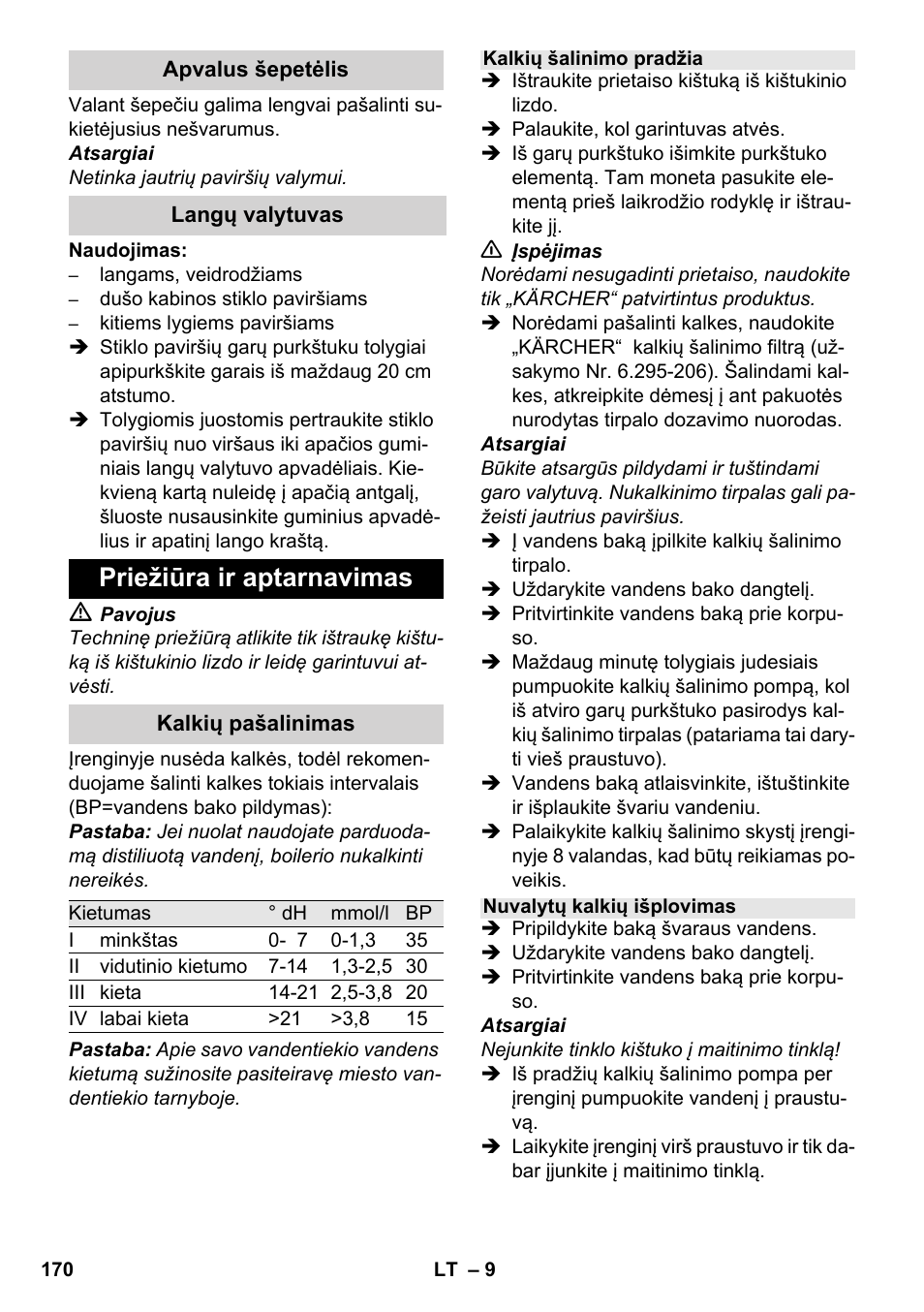 Priežiūra ir aptarnavimas | Karcher SC 952 User Manual | Page 170 / 198