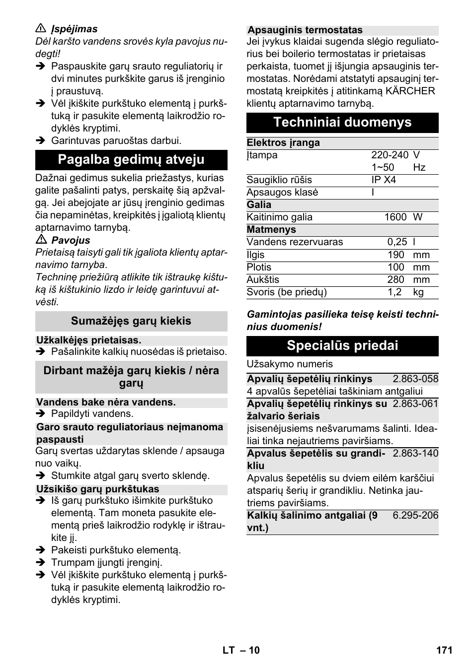 Pagalba gedimų atveju, Techniniai duomenys, Specialūs priedai | Karcher SC 952 User Manual | Page 171 / 198