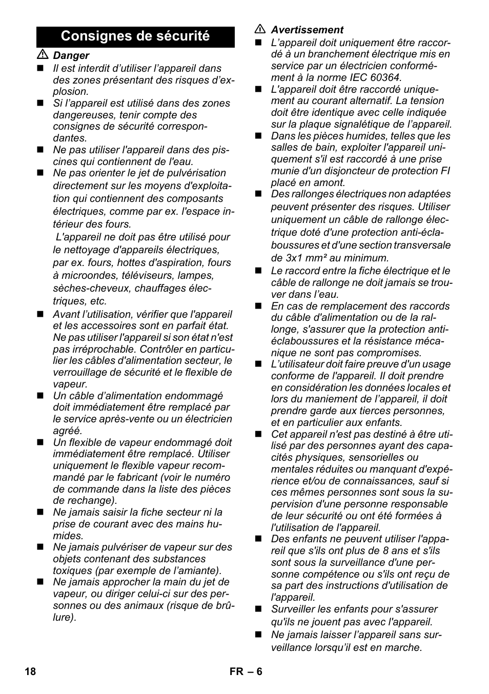 Consignes de sécurité | Karcher SC 952 User Manual | Page 18 / 198