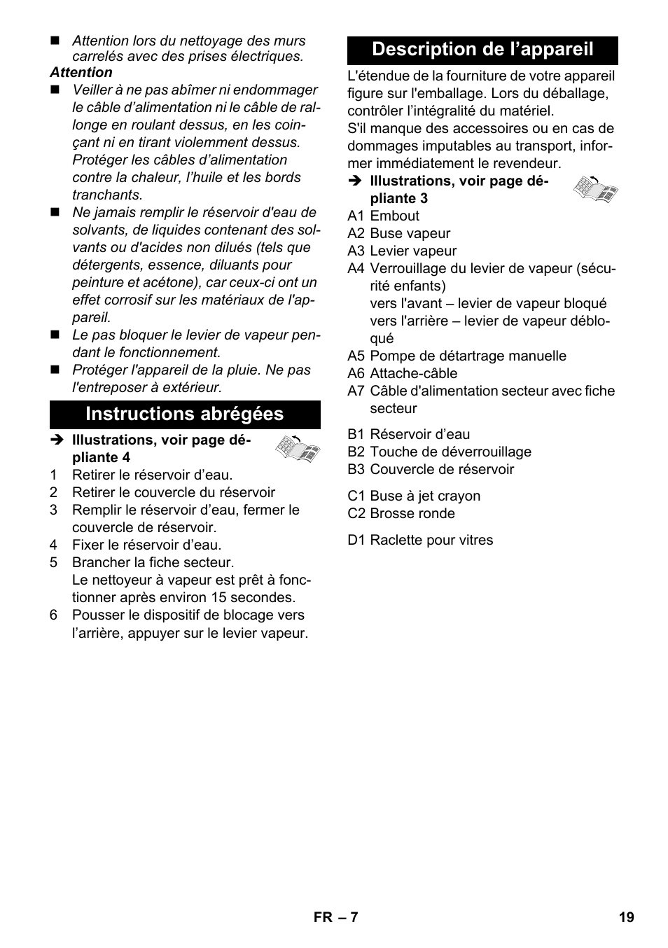 Instructions abrégées description de l’appareil | Karcher SC 952 User Manual | Page 19 / 198