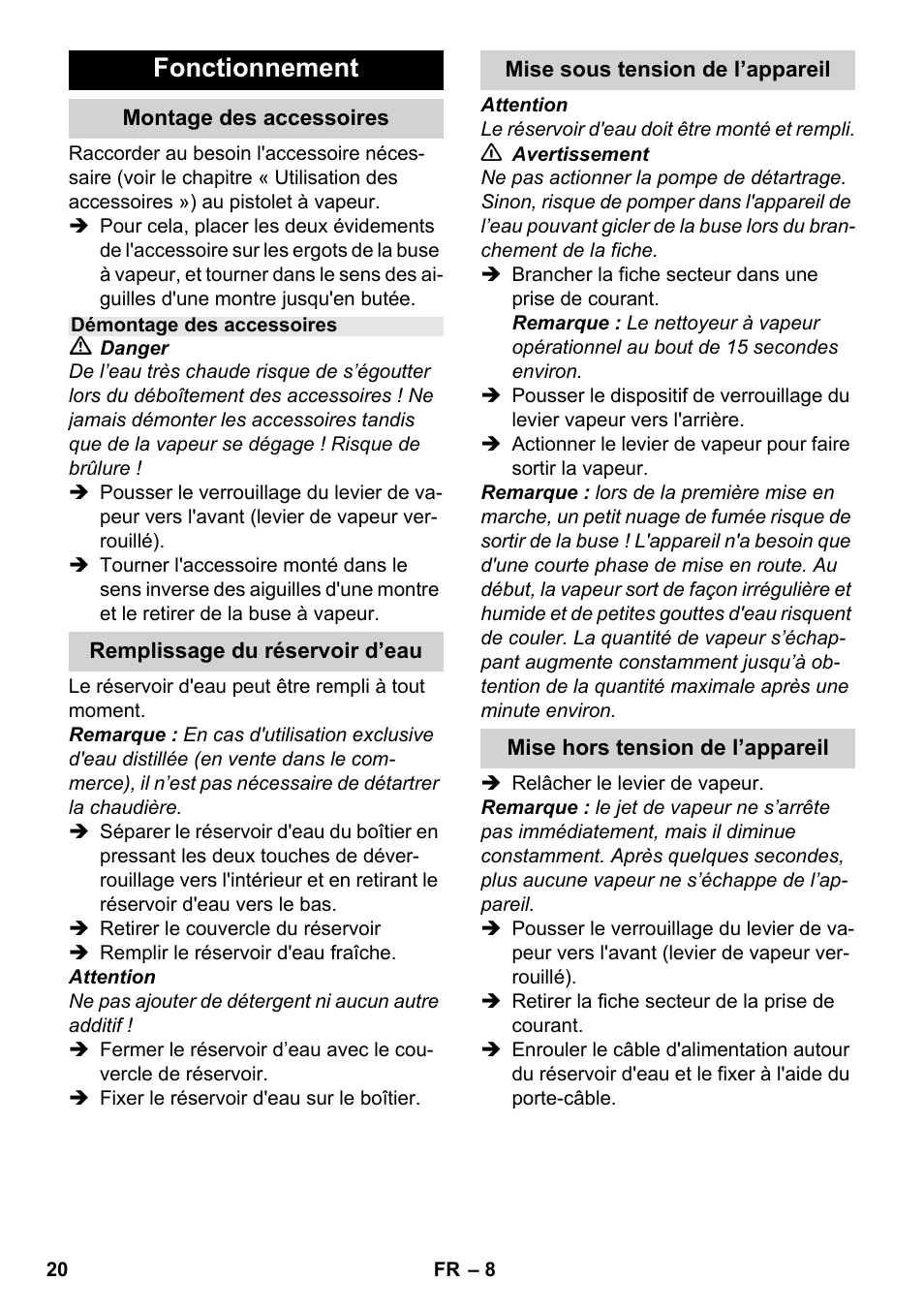 Fonctionnement | Karcher SC 952 User Manual | Page 20 / 198