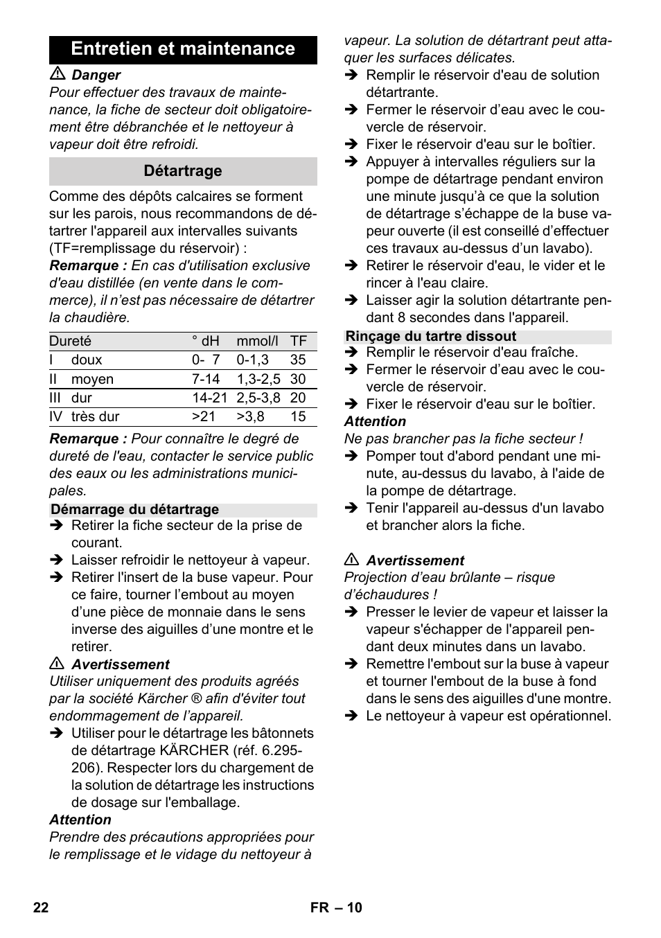 Entretien et maintenance | Karcher SC 952 User Manual | Page 22 / 198