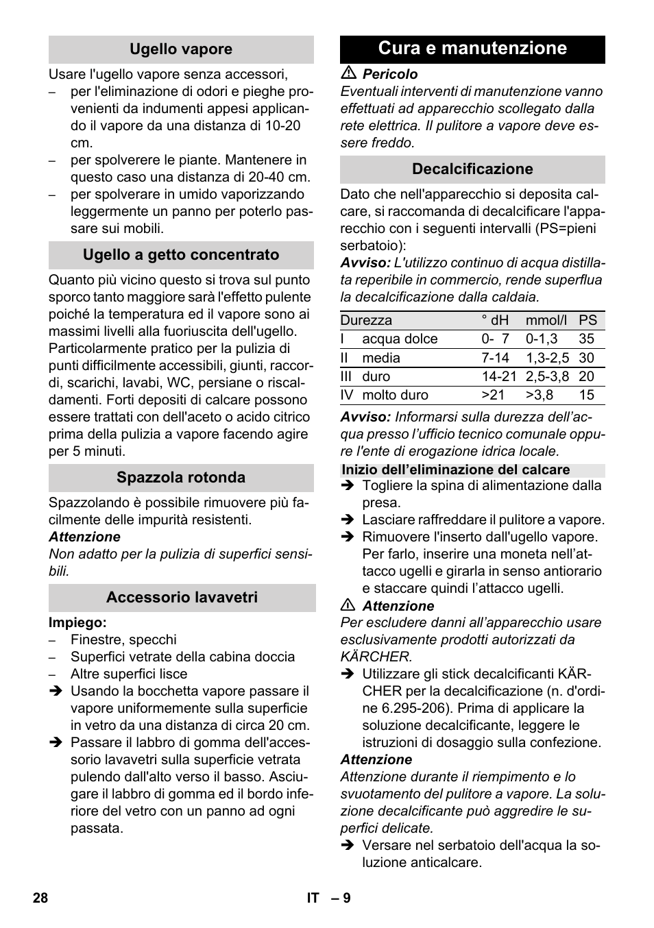 Cura e manutenzione | Karcher SC 952 User Manual | Page 28 / 198