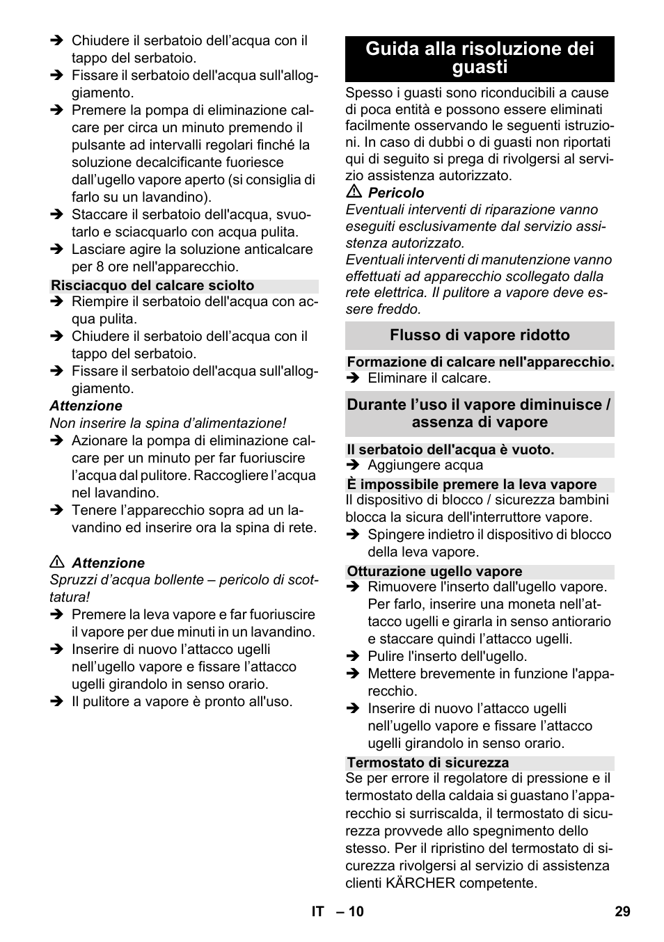 Guida alla risoluzione dei guasti | Karcher SC 952 User Manual | Page 29 / 198