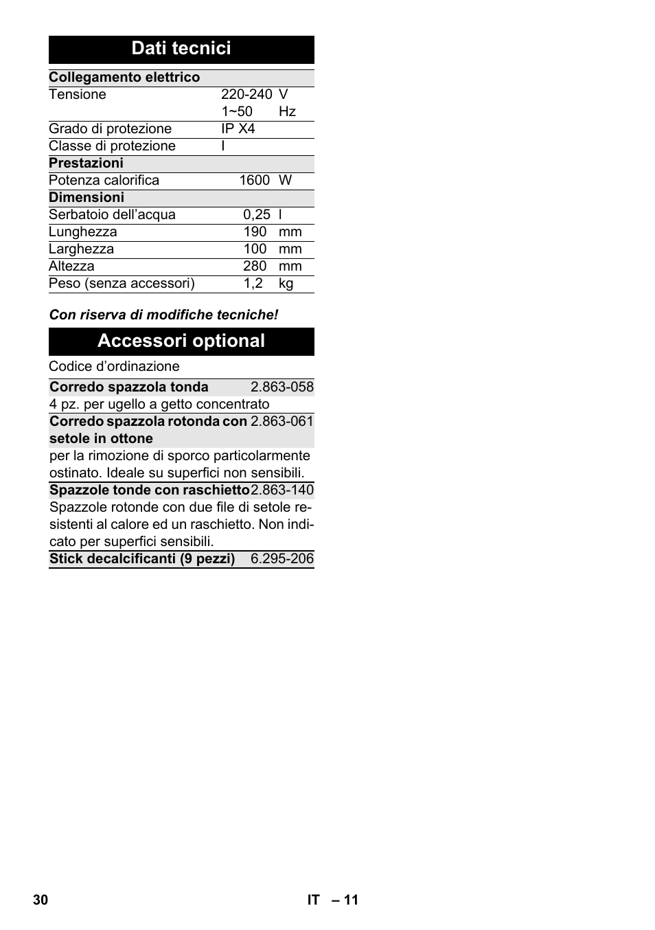 Dati tecnici, Accessori optional | Karcher SC 952 User Manual | Page 30 / 198