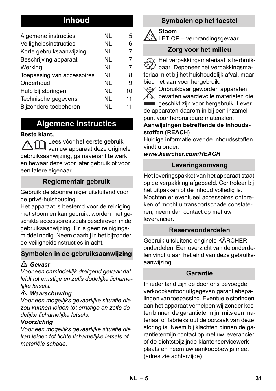 Nederlands, Inhoud, Algemene instructies | Karcher SC 952 User Manual | Page 31 / 198