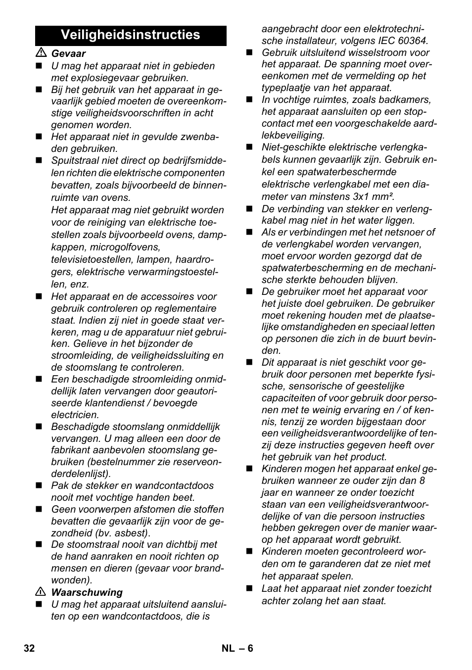 Veiligheidsinstructies | Karcher SC 952 User Manual | Page 32 / 198