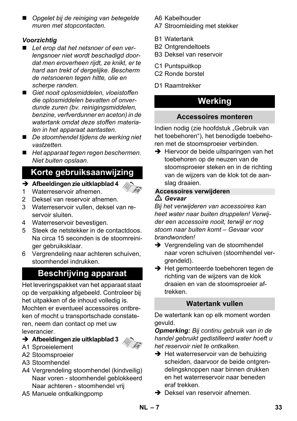 Korte gebruiksaanwijzing beschrijving apparaat, Werking | Karcher SC 952 User Manual | Page 33 / 198