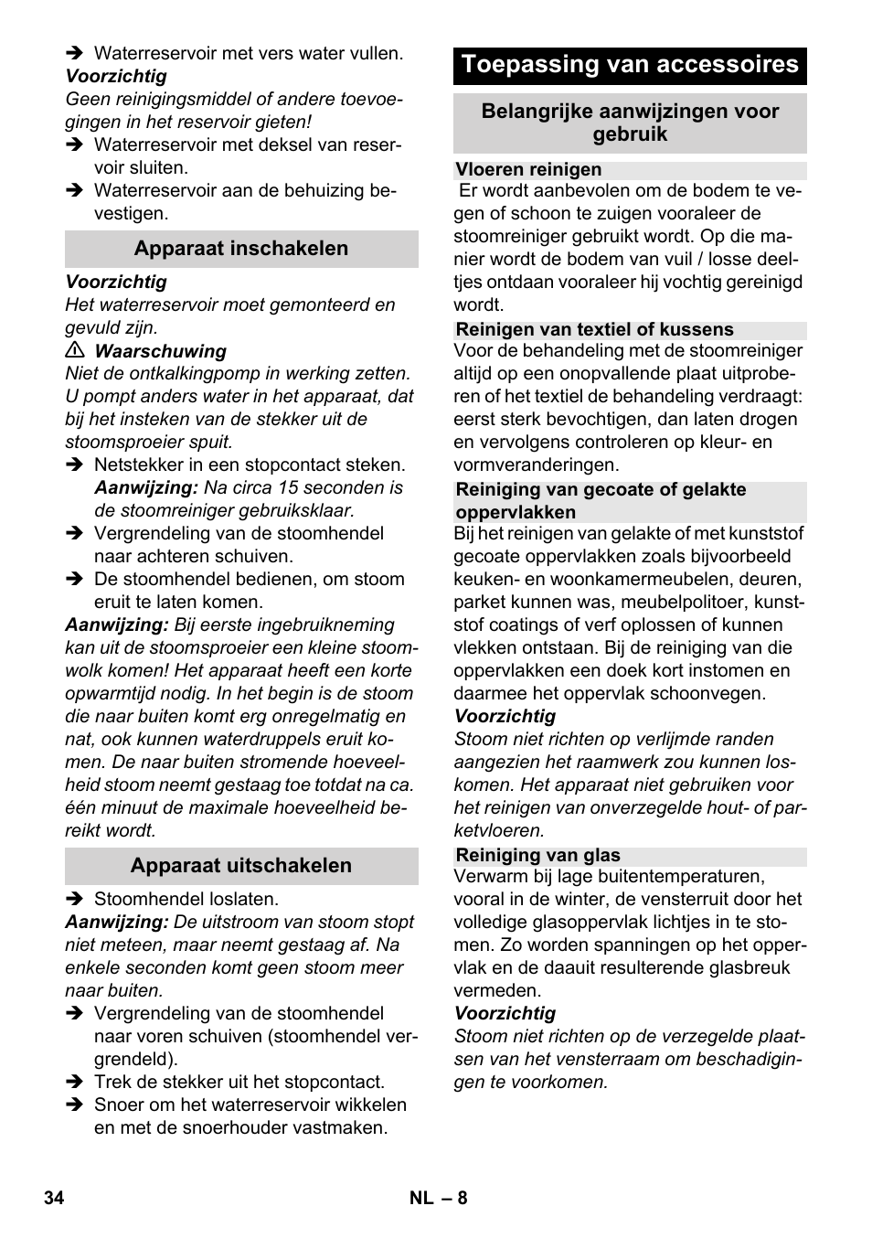 Toepassing van accessoires | Karcher SC 952 User Manual | Page 34 / 198