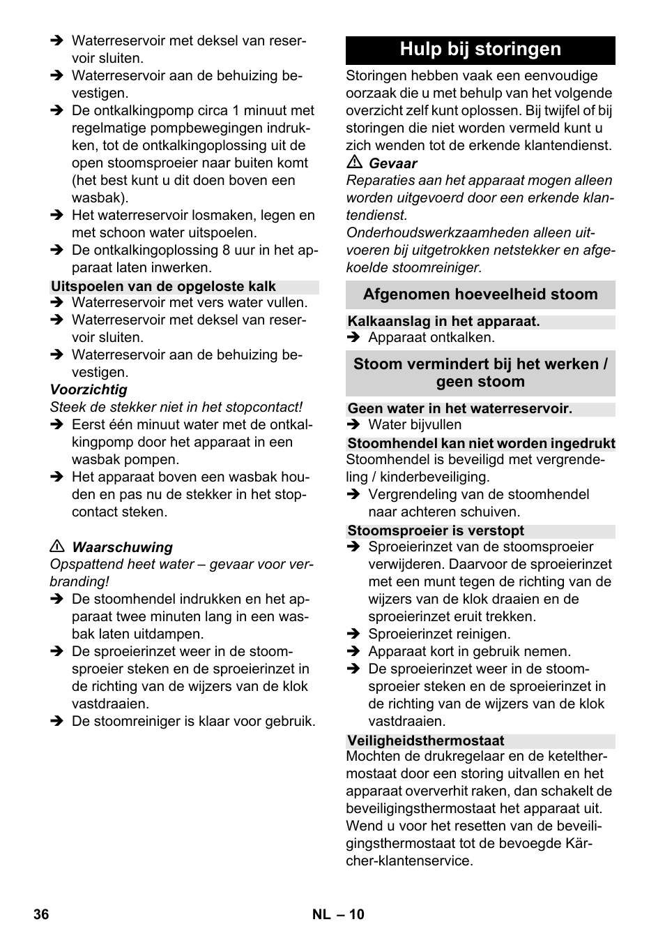 Hulp bij storingen | Karcher SC 952 User Manual | Page 36 / 198