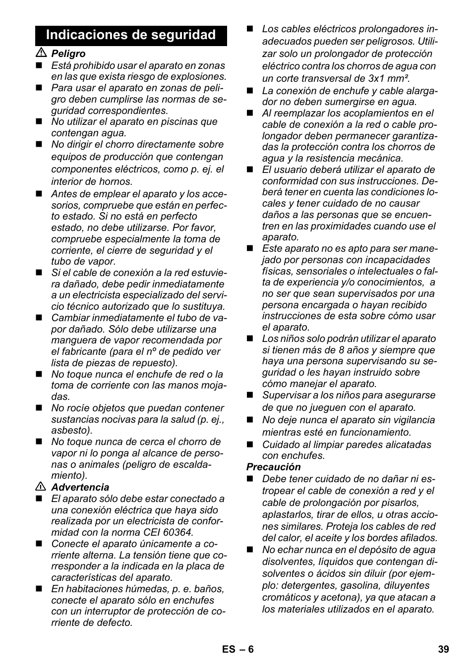 Indicaciones de seguridad | Karcher SC 952 User Manual | Page 39 / 198