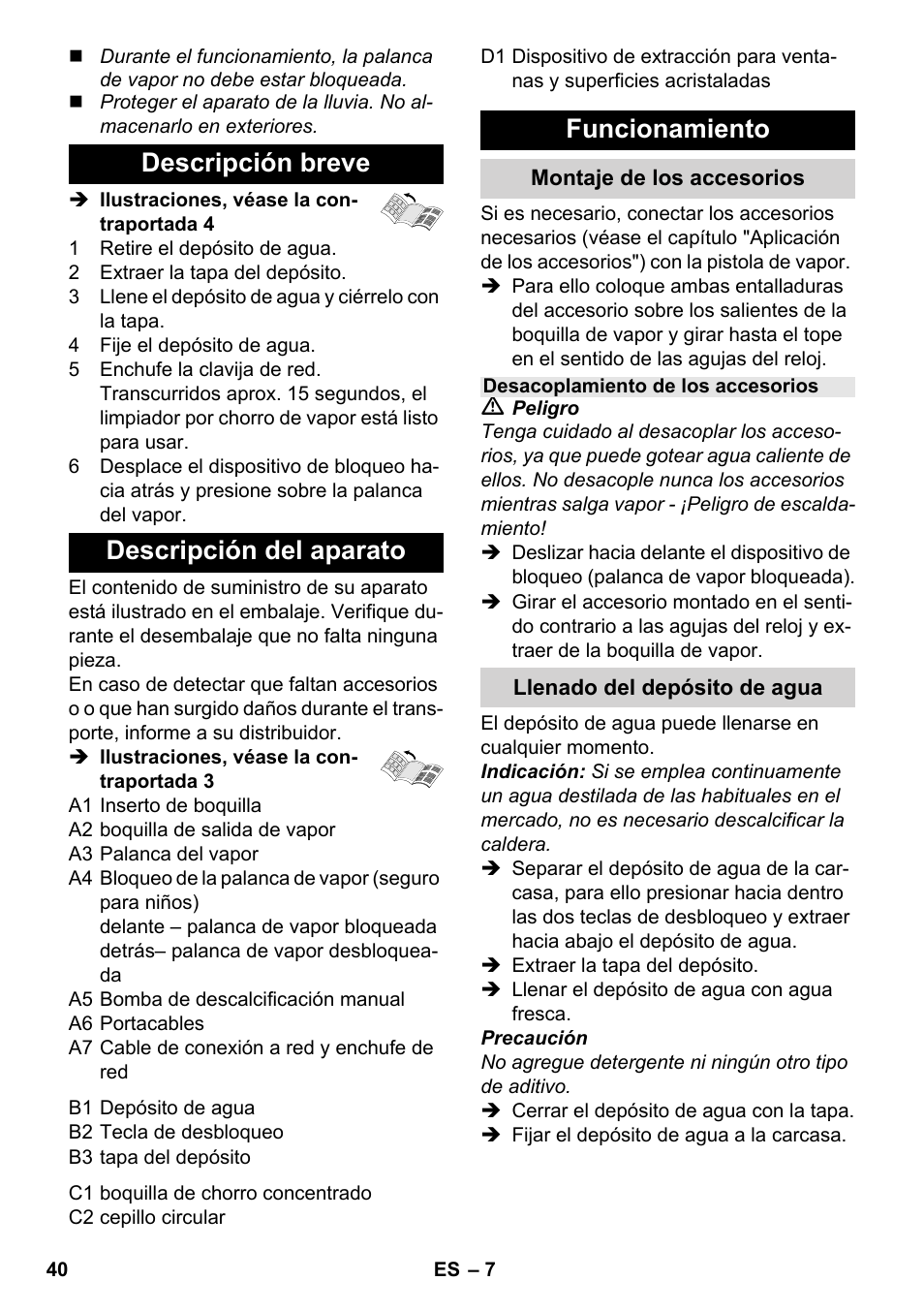 Descripción breve descripción del aparato, Funcionamiento | Karcher SC 952 User Manual | Page 40 / 198