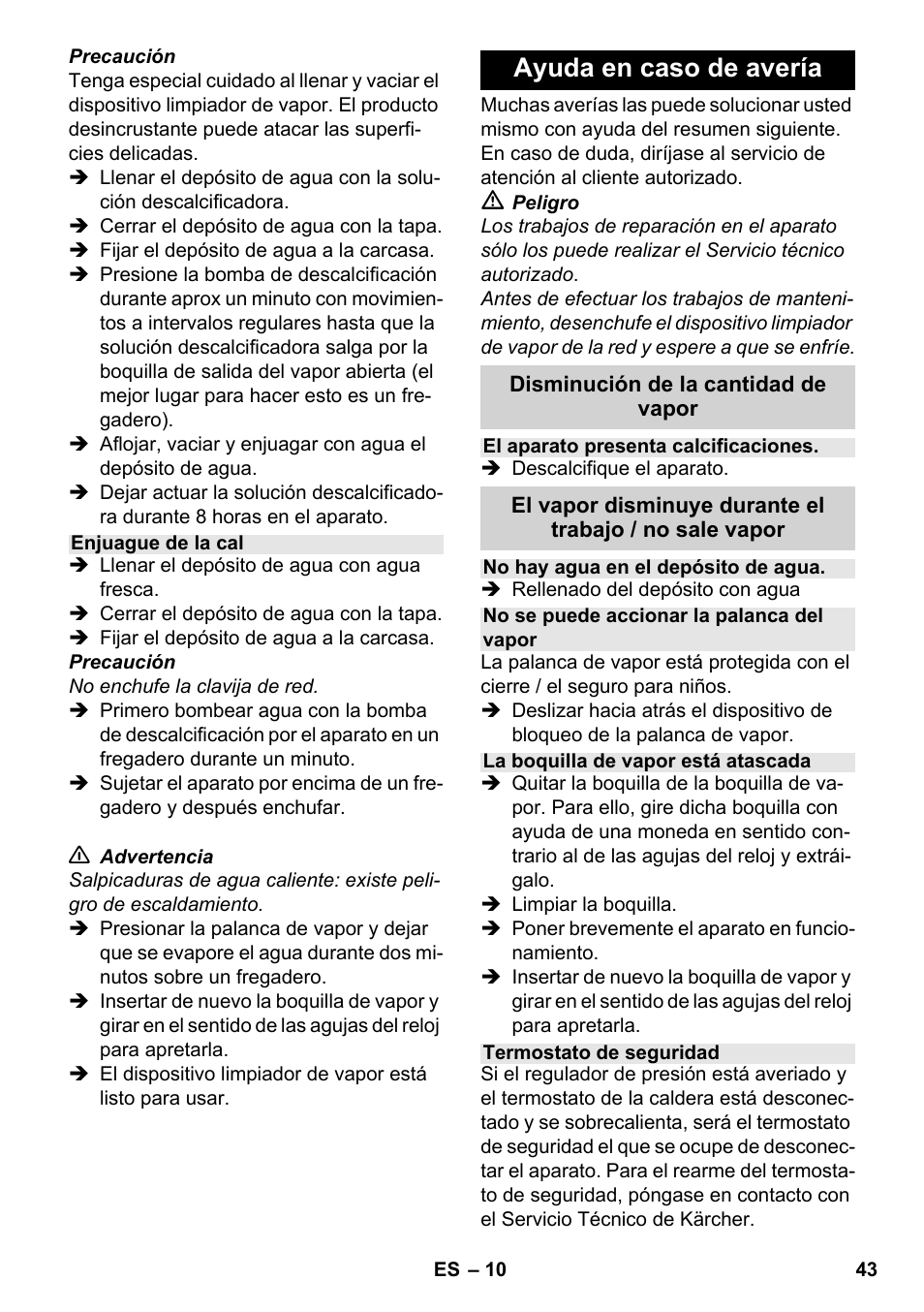Ayuda en caso de avería | Karcher SC 952 User Manual | Page 43 / 198