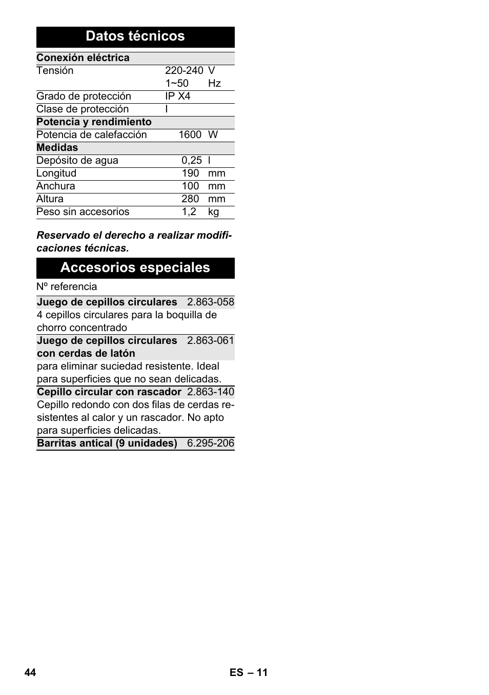 Datos técnicos, Accesorios especiales | Karcher SC 952 User Manual | Page 44 / 198