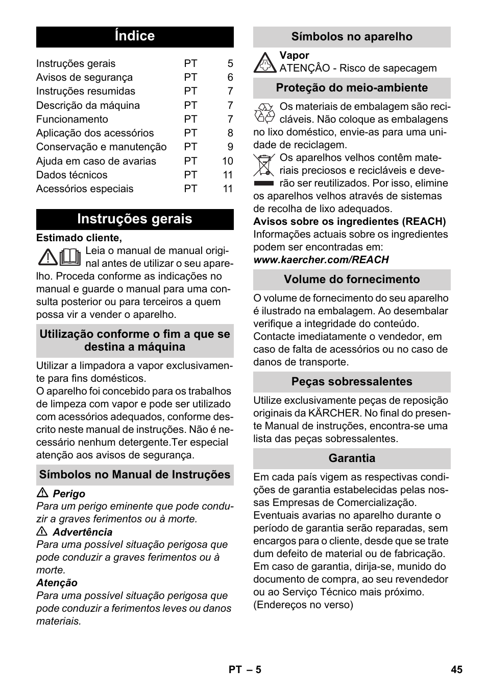 Português, Índice, Instruções gerais | Karcher SC 952 User Manual | Page 45 / 198