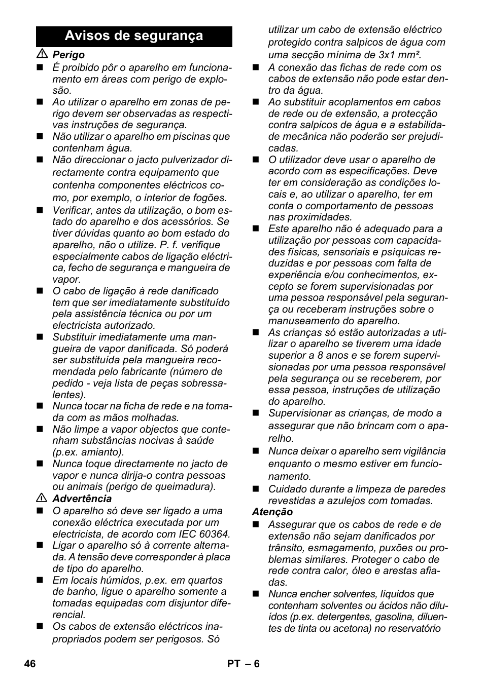Avisos de segurança | Karcher SC 952 User Manual | Page 46 / 198