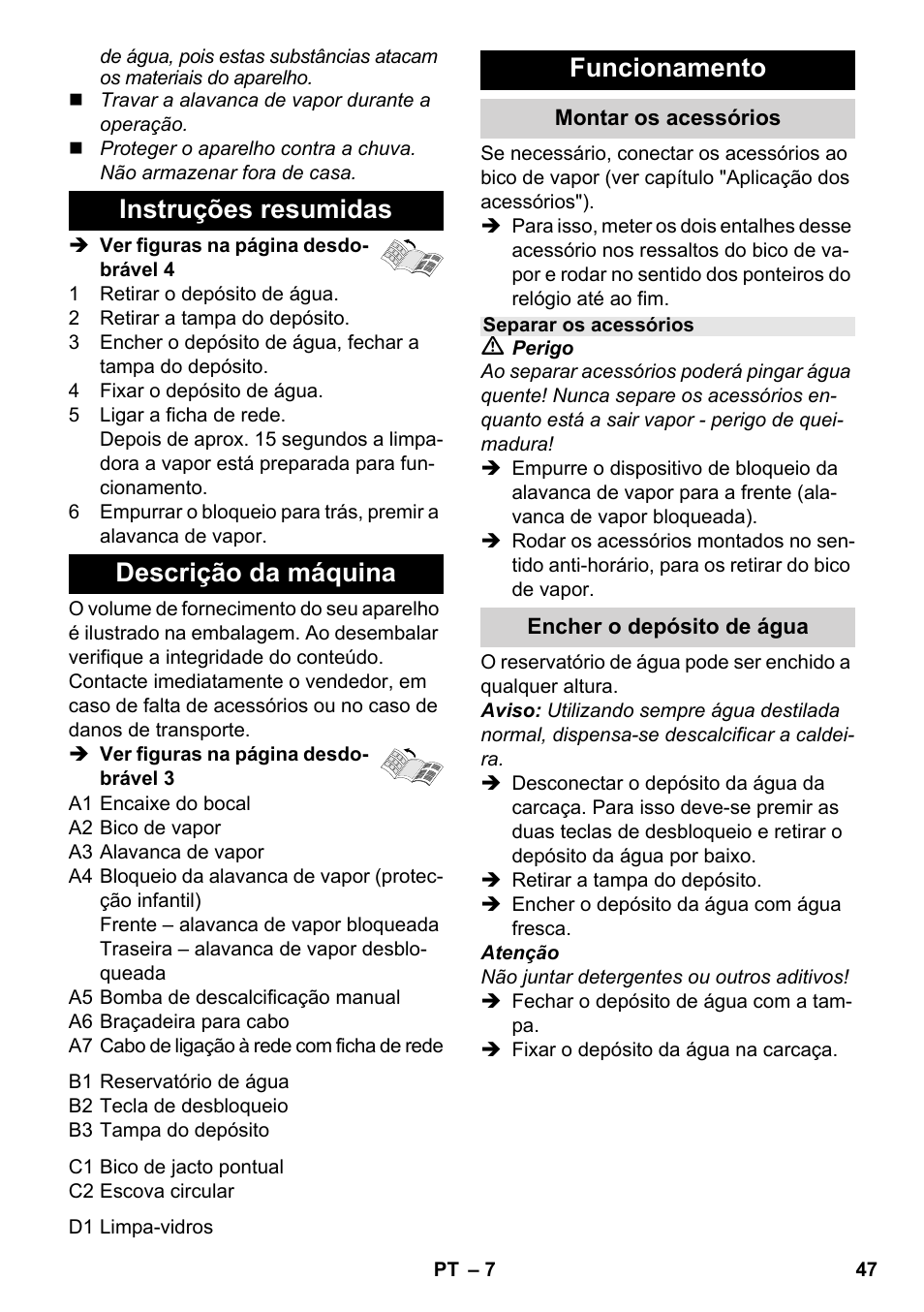 Instruções resumidas descrição da máquina, Funcionamento | Karcher SC 952 User Manual | Page 47 / 198