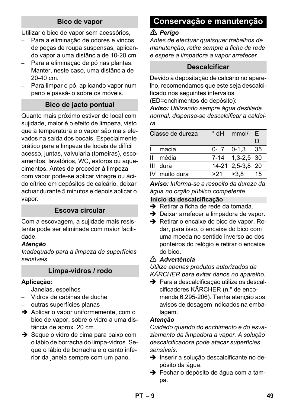 Conservação e manutenção | Karcher SC 952 User Manual | Page 49 / 198