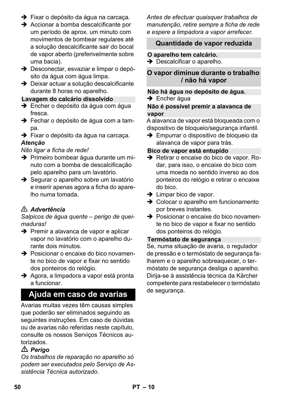 Ajuda em caso de avarias | Karcher SC 952 User Manual | Page 50 / 198