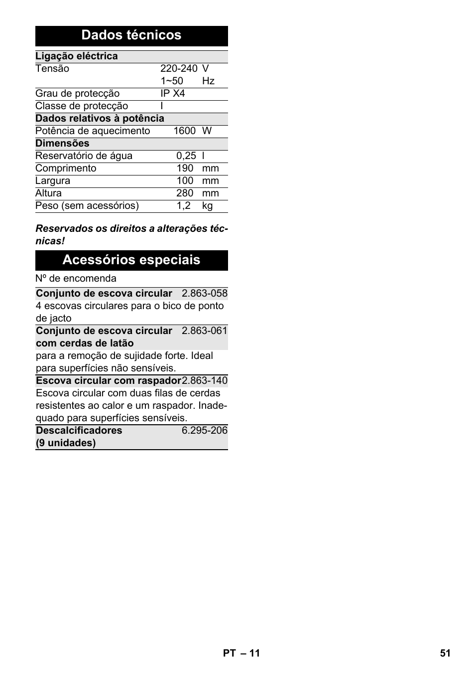 Dados técnicos, Acessórios especiais | Karcher SC 952 User Manual | Page 51 / 198